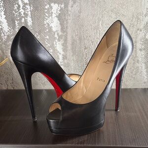 Christian Louboutin Elegant Black Leather Peep Toe Platform Heels 9